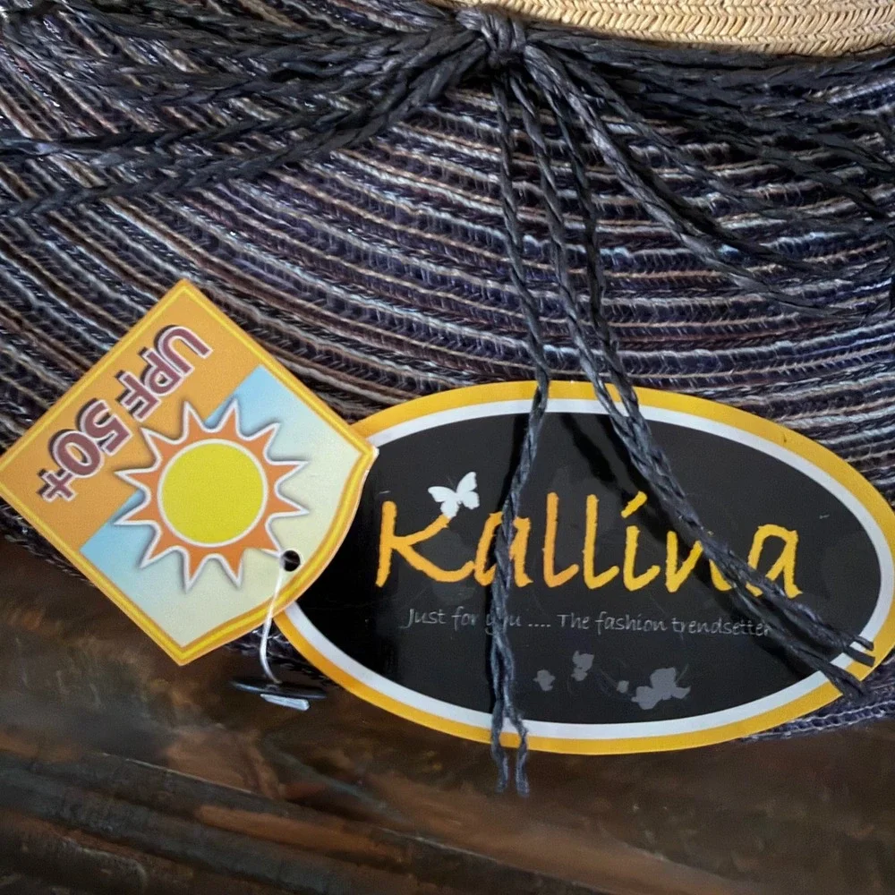 Kallina Sun Hat Tan Blue UPF 50+ Beaded Butterfly Wide Brim Coastal Beach Resort